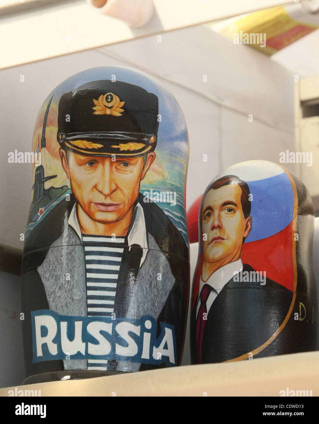 Russia`s 2012 Presidential Election Campaign starts. Pictured: Matryoshka dolls of Russia`s prime minister Vladimir Putin in Russian Navy uniform (l) and Russia`s President Dmitry Medvedev (r). Stock Photo